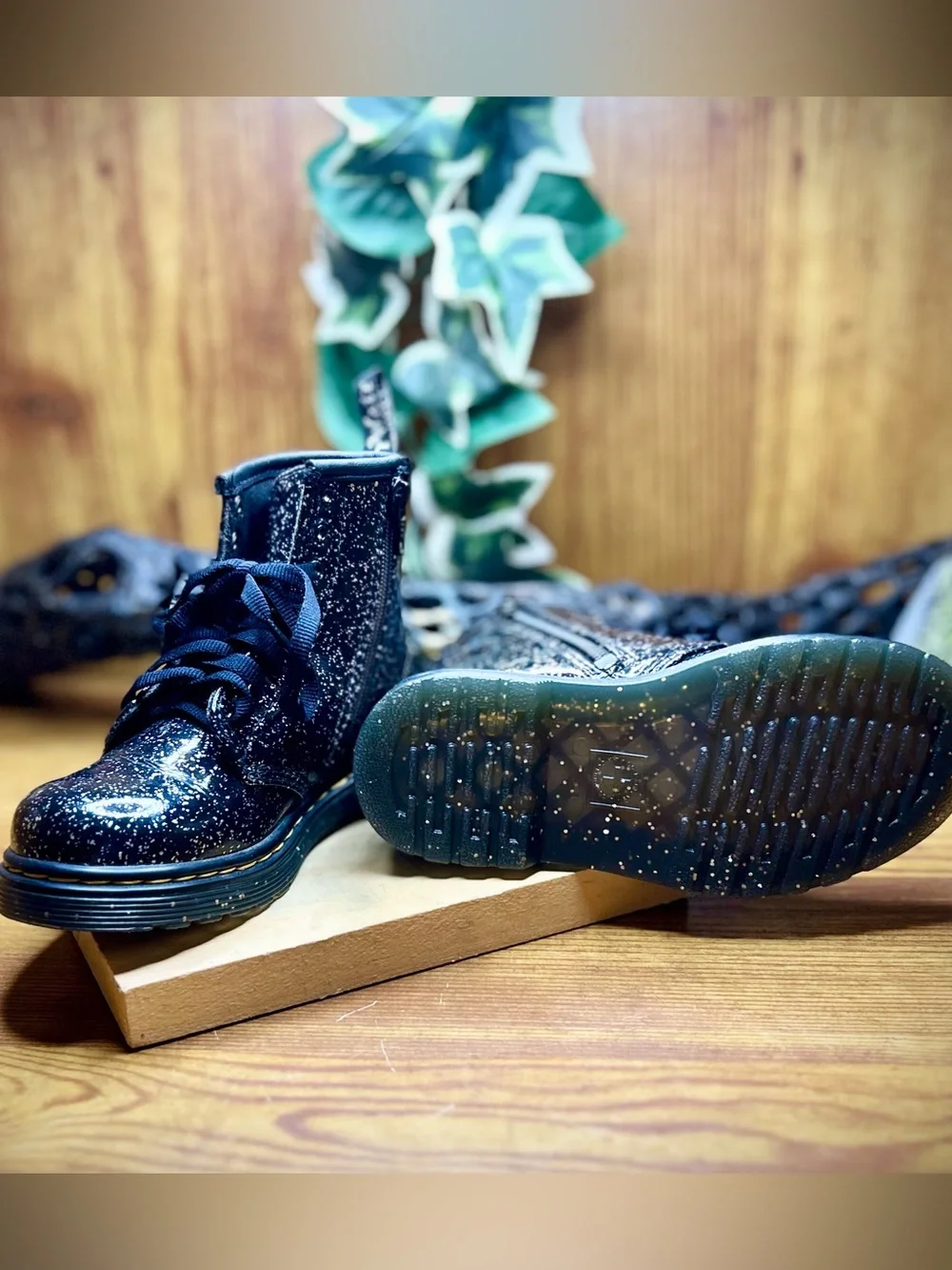 Dr. Martens Kids Black Glitter Combat Boots